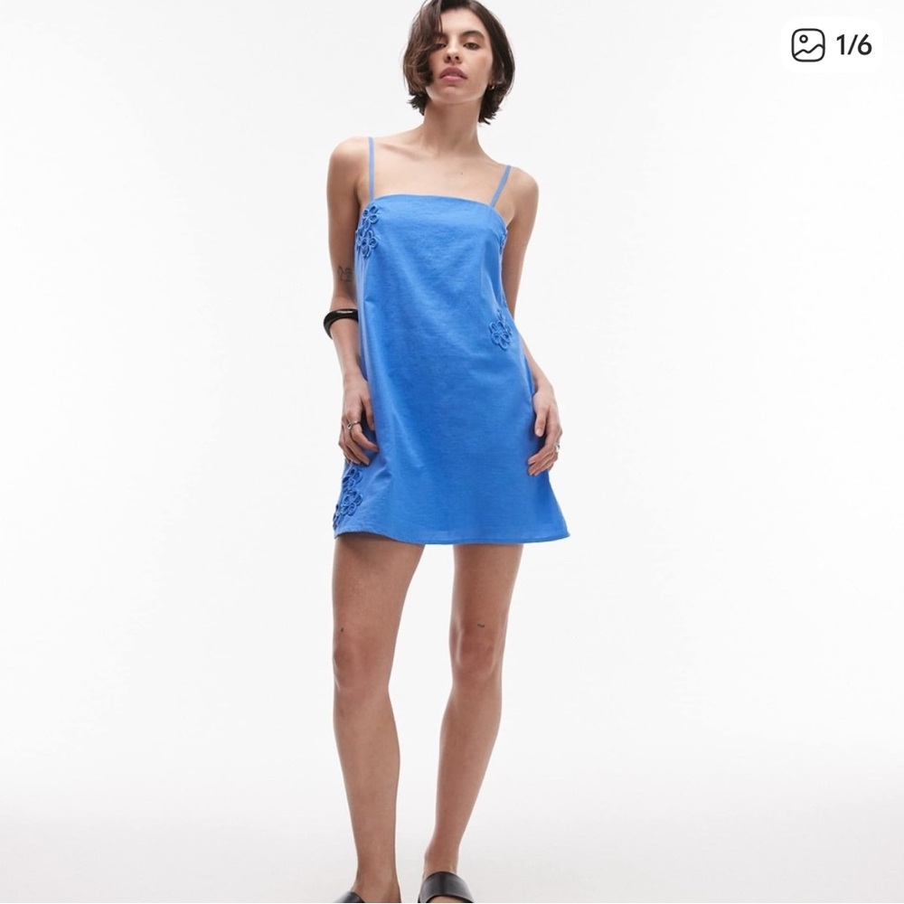 Bright Blue Spaghetti-Strap Mini Dress with Floral Applique